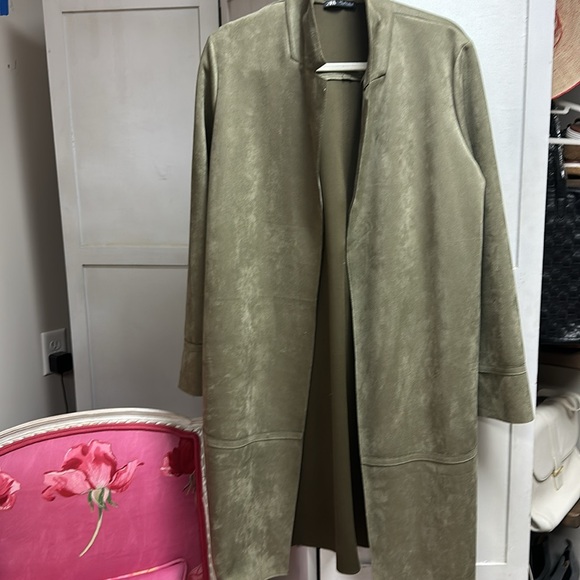 Zara Olive Green Faux Suede Long Jacket, Sz L, EUC - Picture 5 of 8